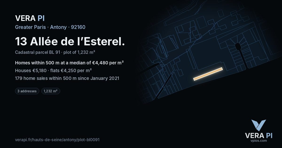 13 Allée de l’Esterel, Antony at night – the plot lit, the parcels around coloured by the prices near them