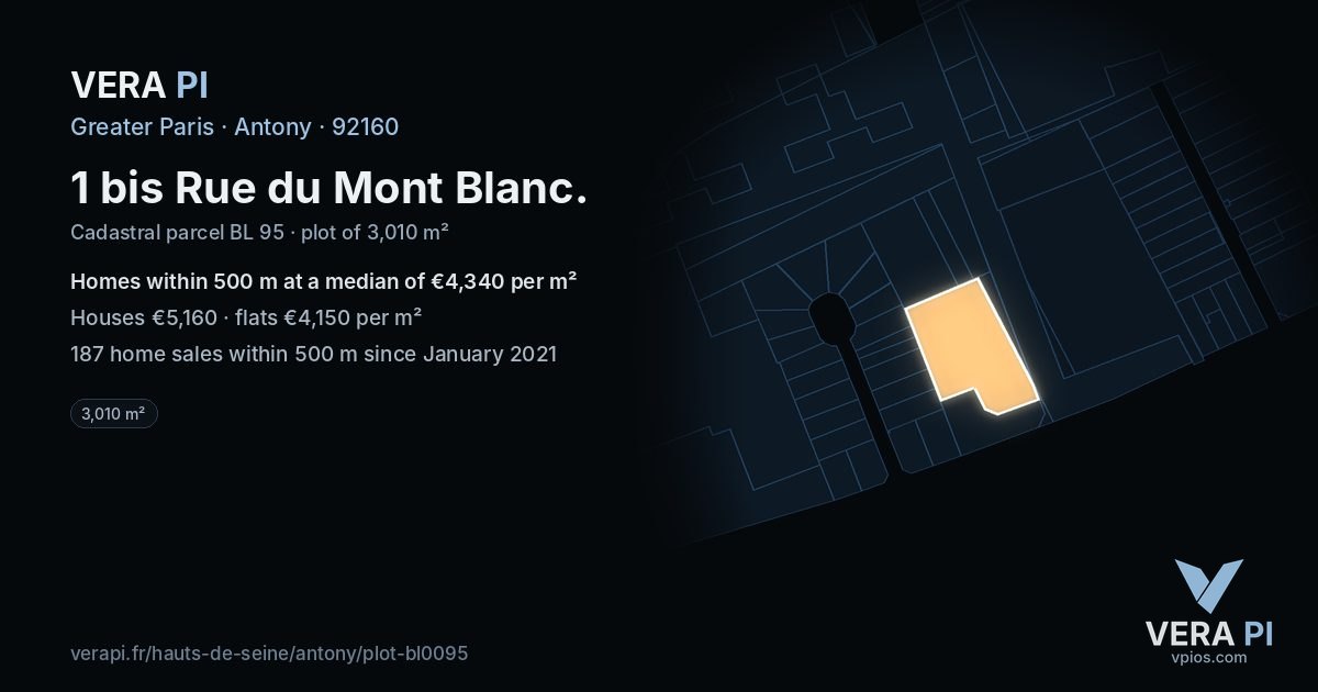 1 bis Rue du Mont Blanc, Antony at night – the plot lit, the parcels around coloured by the prices near them