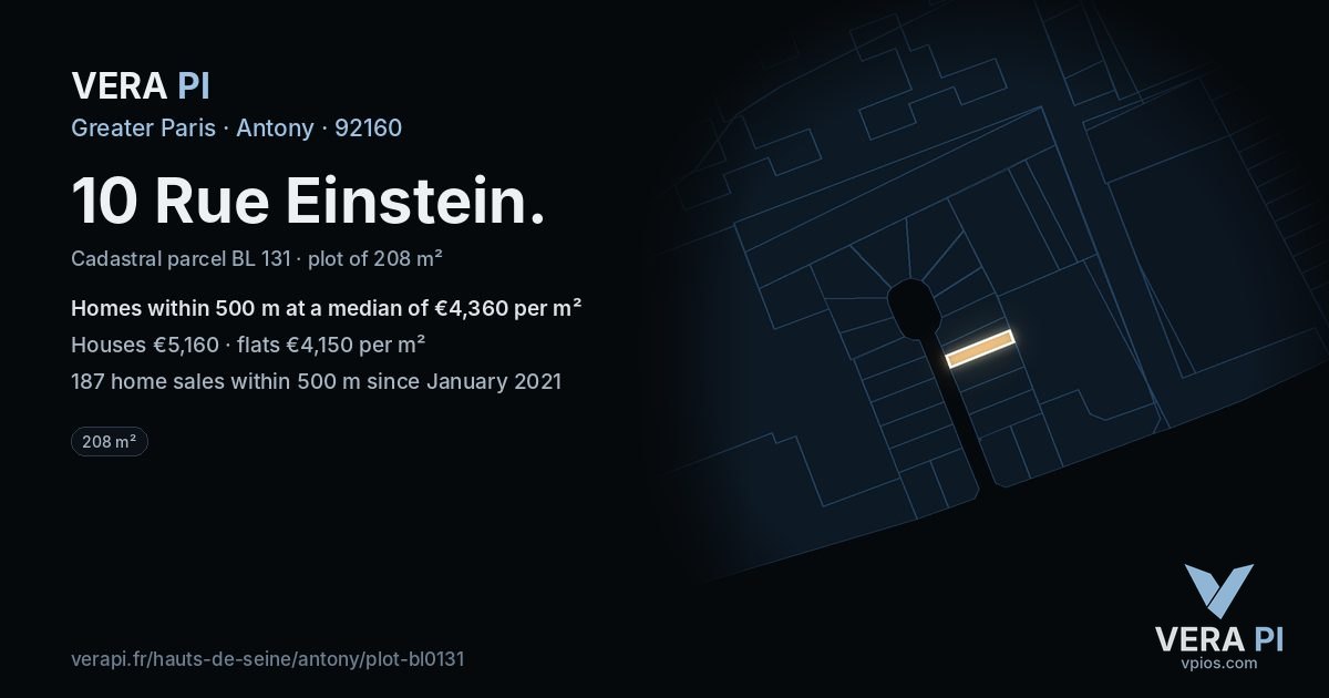 10 Rue Einstein, Antony at night – the plot lit, the parcels around coloured by the prices near them