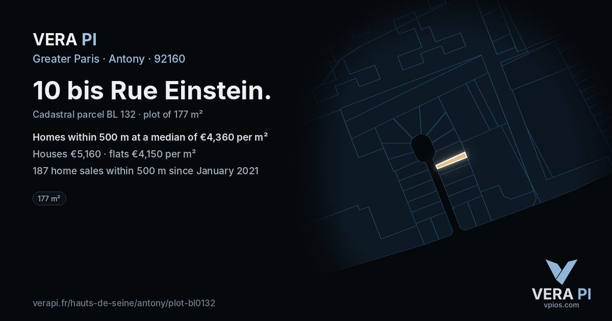 10 bis Rue Einstein, Antony at night – the plot lit, the parcels around coloured by the prices near them