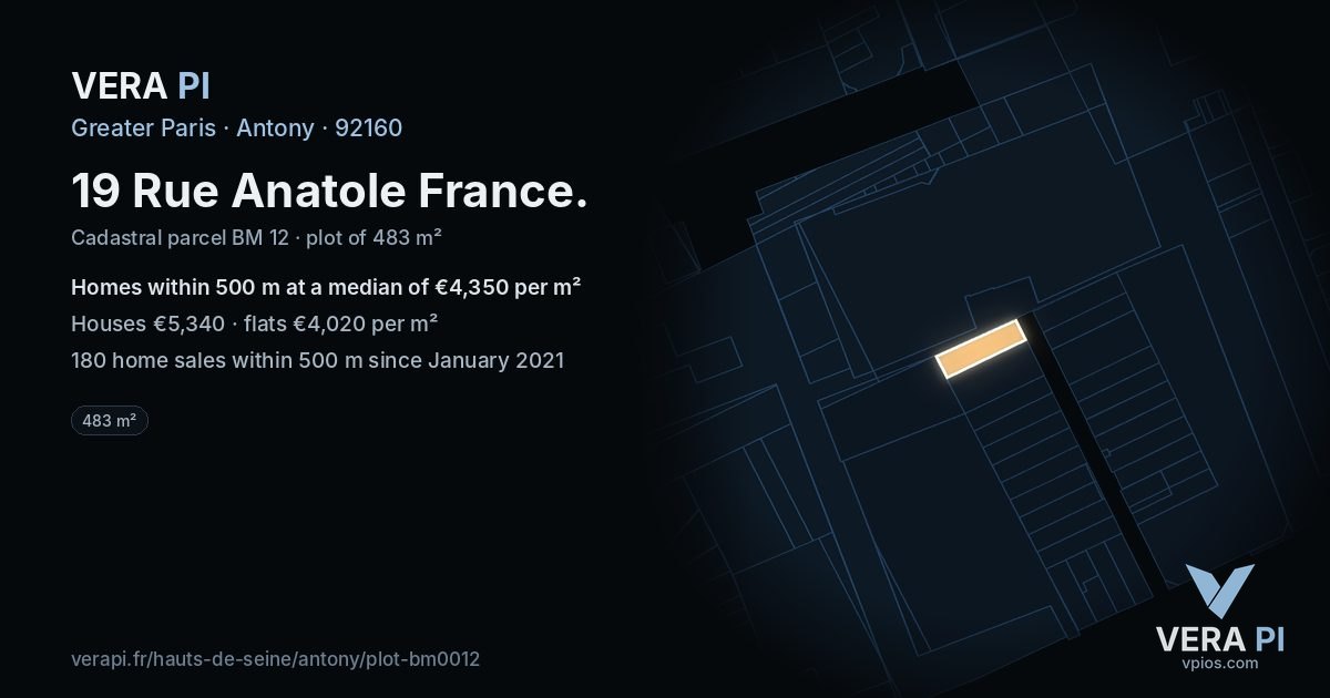 19 Rue Anatole France, Antony at night – the plot lit, the parcels around coloured by the prices near them