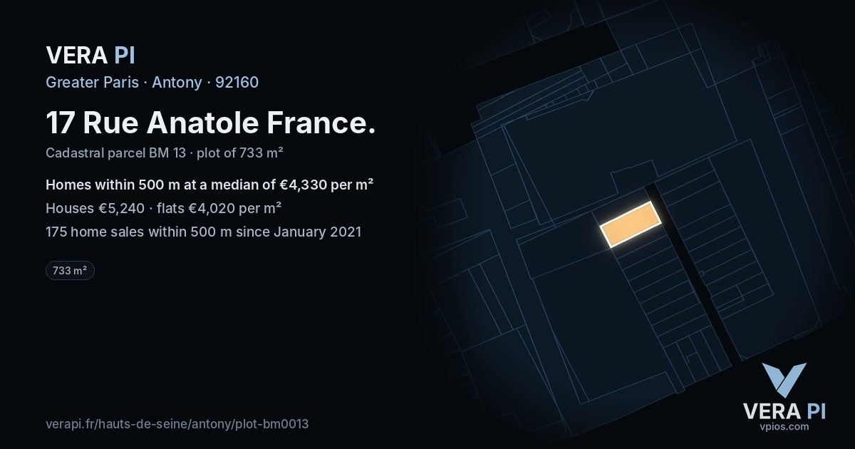 17 Rue Anatole France, Antony at night – the plot lit, the parcels around coloured by the prices near them