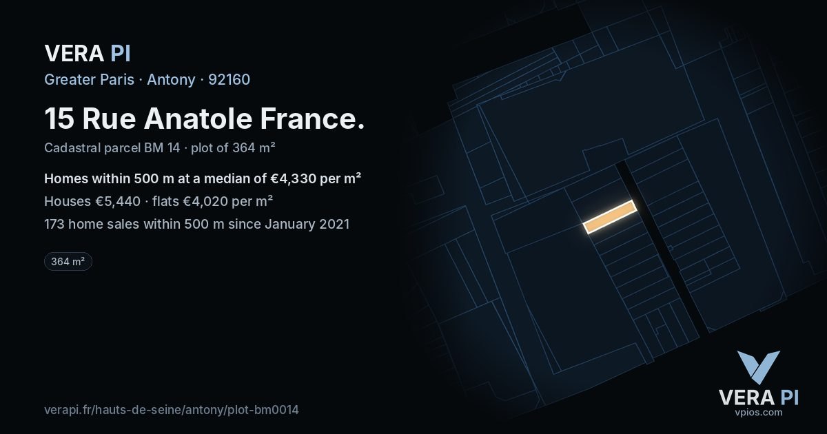 15 Rue Anatole France, Antony at night – the plot lit, the parcels around coloured by the prices near them