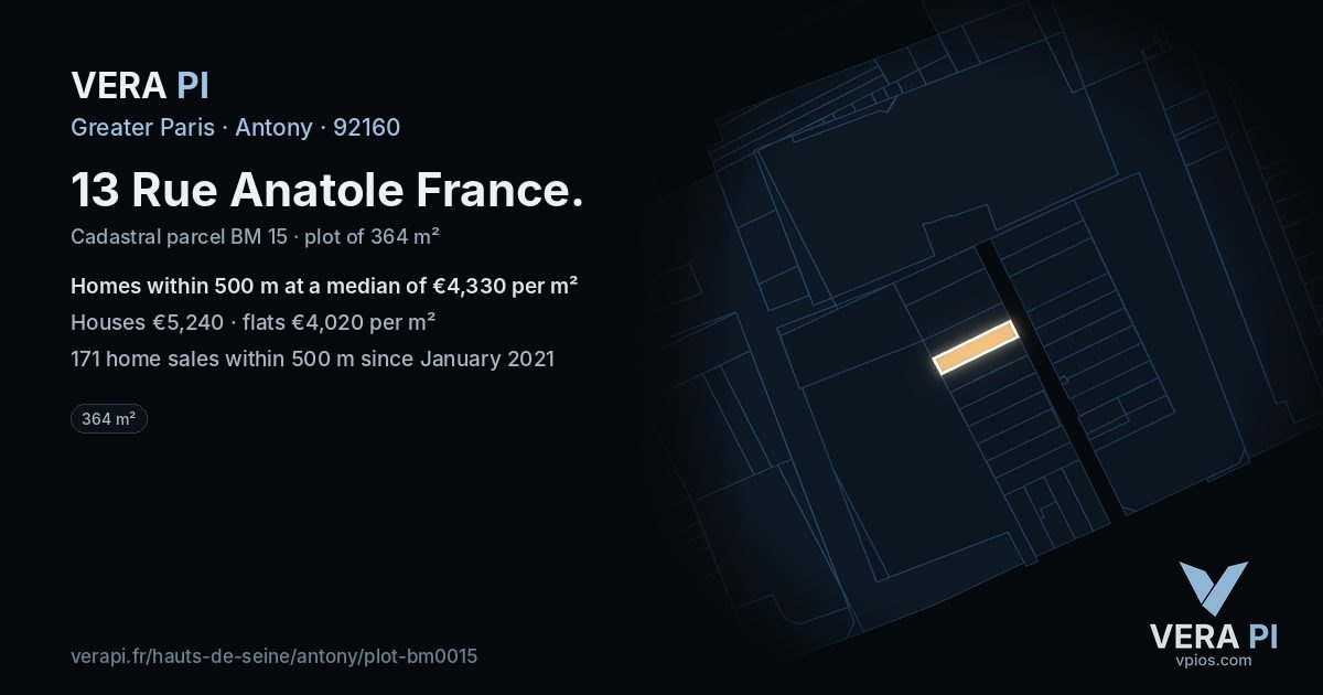 13 Rue Anatole France, Antony at night – the plot lit, the parcels around coloured by the prices near them