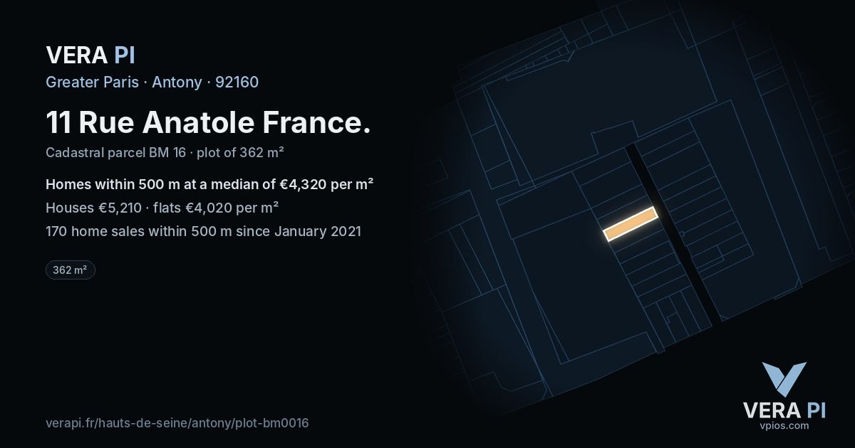 11 Rue Anatole France, Antony at night – the plot lit, the parcels around coloured by the prices near them