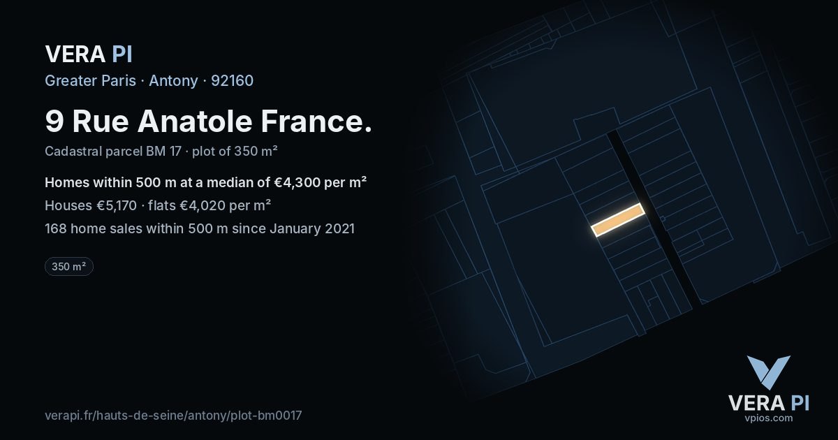 9 Rue Anatole France, Antony at night – the plot lit, the parcels around coloured by the prices near them