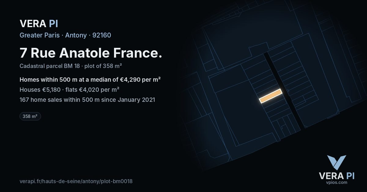 7 Rue Anatole France, Antony at night – the plot lit, the parcels around coloured by the prices near them