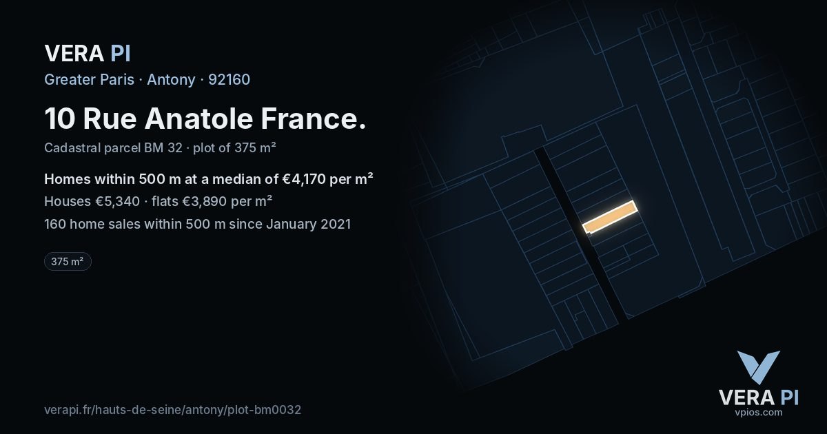 10 Rue Anatole France, Antony at night – the plot lit, the parcels around coloured by the prices near them