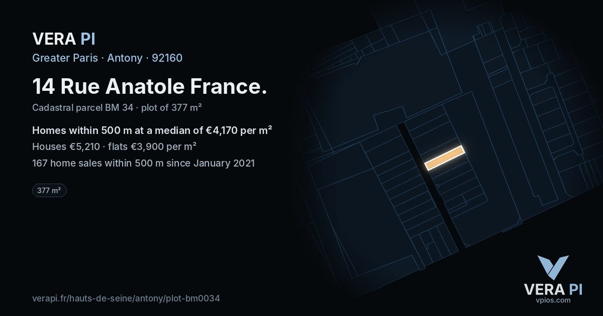 14 Rue Anatole France, Antony at night – the plot lit, the parcels around coloured by the prices near them