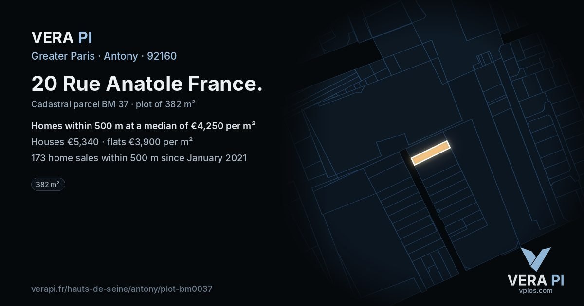 20 Rue Anatole France, Antony at night – the plot lit, the parcels around coloured by the prices near them