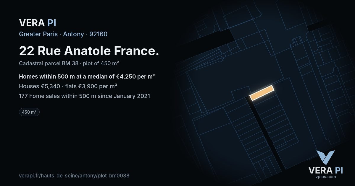 22 Rue Anatole France, Antony at night – the plot lit, the parcels around coloured by the prices near them