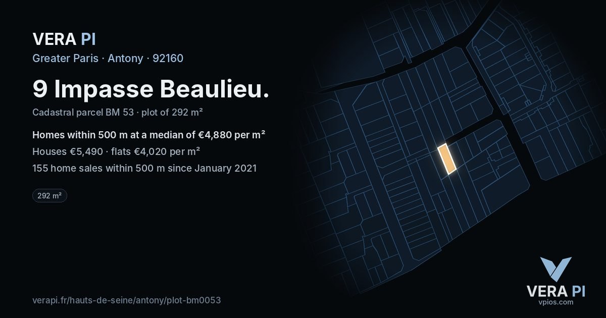 9 Impasse Beaulieu, Antony at night – the plot lit, the parcels around coloured by the prices near them