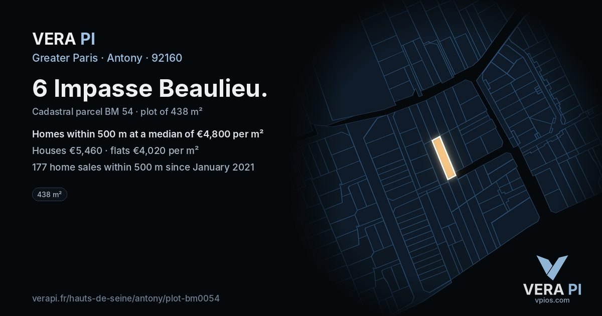 6 Impasse Beaulieu, Antony at night – the plot lit, the parcels around coloured by the prices near them