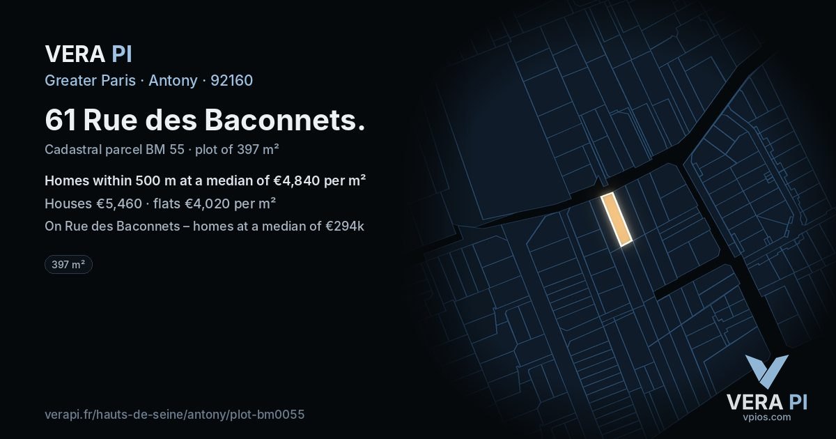 61 Rue des Baconnets, Antony at night – the plot lit, the parcels around coloured by the prices near them