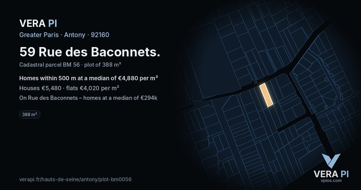 59 Rue des Baconnets, Antony at night – the plot lit, the parcels around coloured by the prices near them