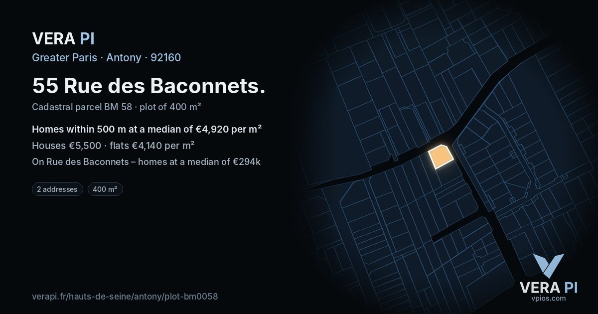 55 Rue des Baconnets, Antony at night – the plot lit, the parcels around coloured by the prices near them