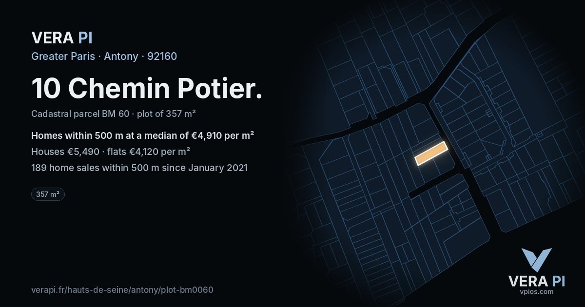 10 Chemin Potier, Antony at night – the plot lit, the parcels around coloured by the prices near them