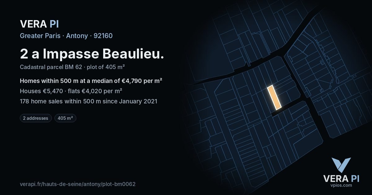 2 a Impasse Beaulieu, Antony at night – the plot lit, the parcels around coloured by the prices near them