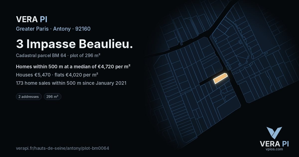 3 Impasse Beaulieu, Antony at night – the plot lit, the parcels around coloured by the prices near them
