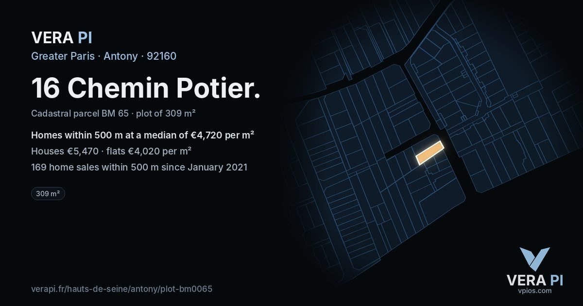 16 Chemin Potier, Antony at night – the plot lit, the parcels around coloured by the prices near them