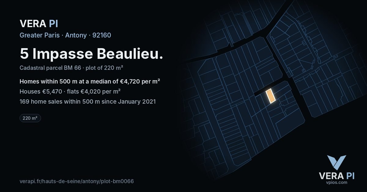 5 Impasse Beaulieu, Antony at night – the plot lit, the parcels around coloured by the prices near them
