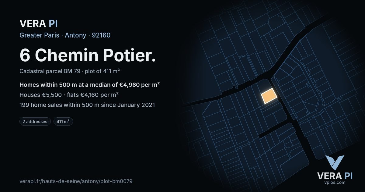 6 Chemin Potier, Antony at night – the plot lit, the parcels around coloured by the prices near them