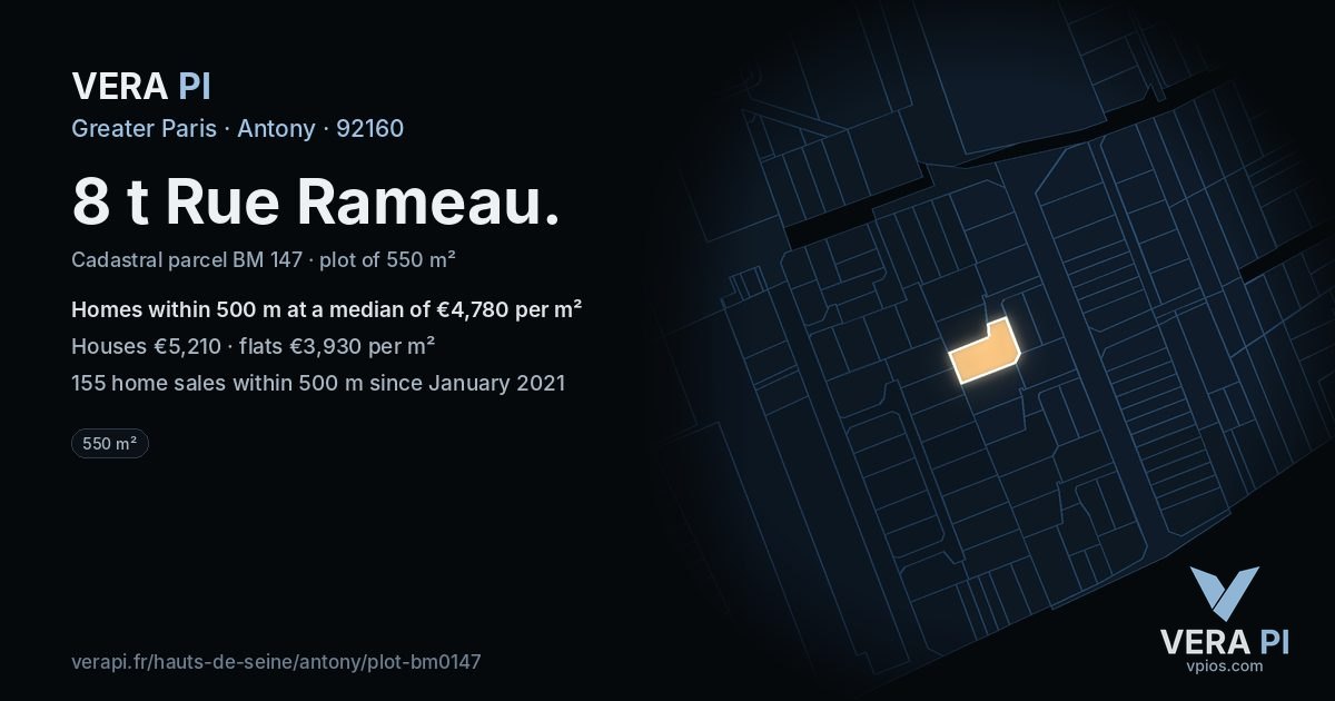 8 t Rue Rameau, Antony at night – the plot lit, the parcels around coloured by the prices near them