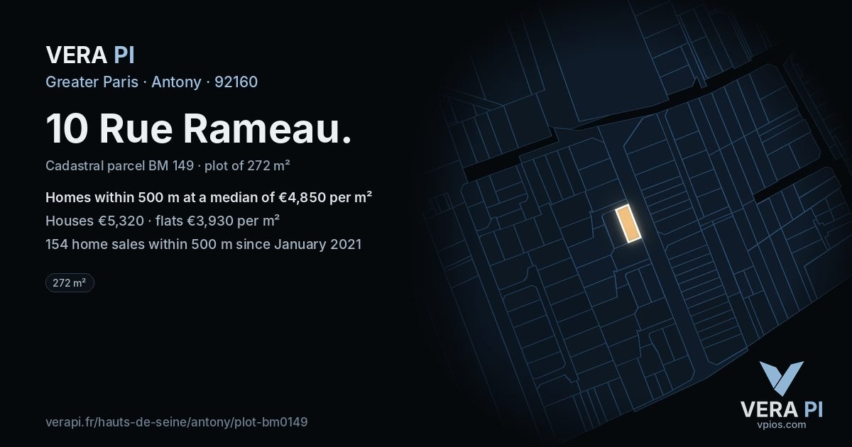 10 Rue Rameau, Antony at night – the plot lit, the parcels around coloured by the prices near them