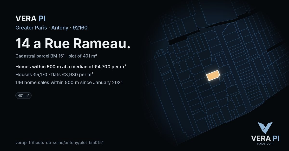 14 a Rue Rameau, Antony at night – the plot lit, the parcels around coloured by the prices near them
