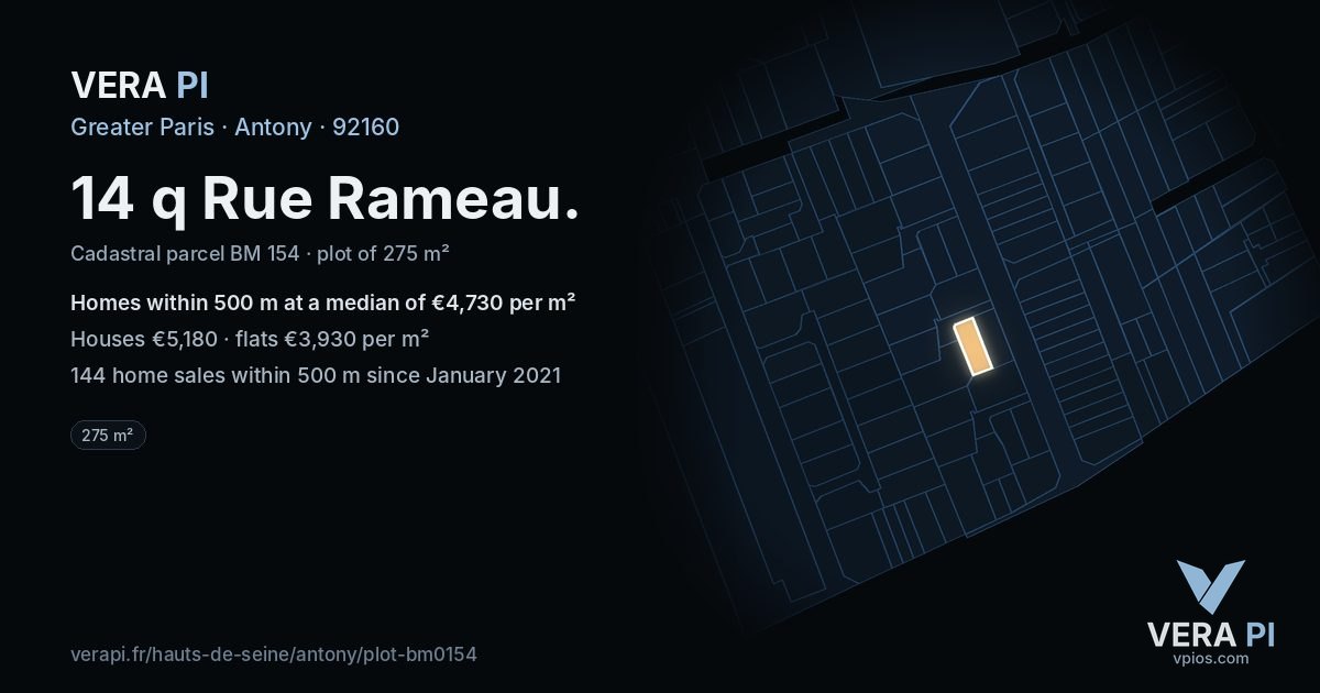 14 q Rue Rameau, Antony at night – the plot lit, the parcels around coloured by the prices near them