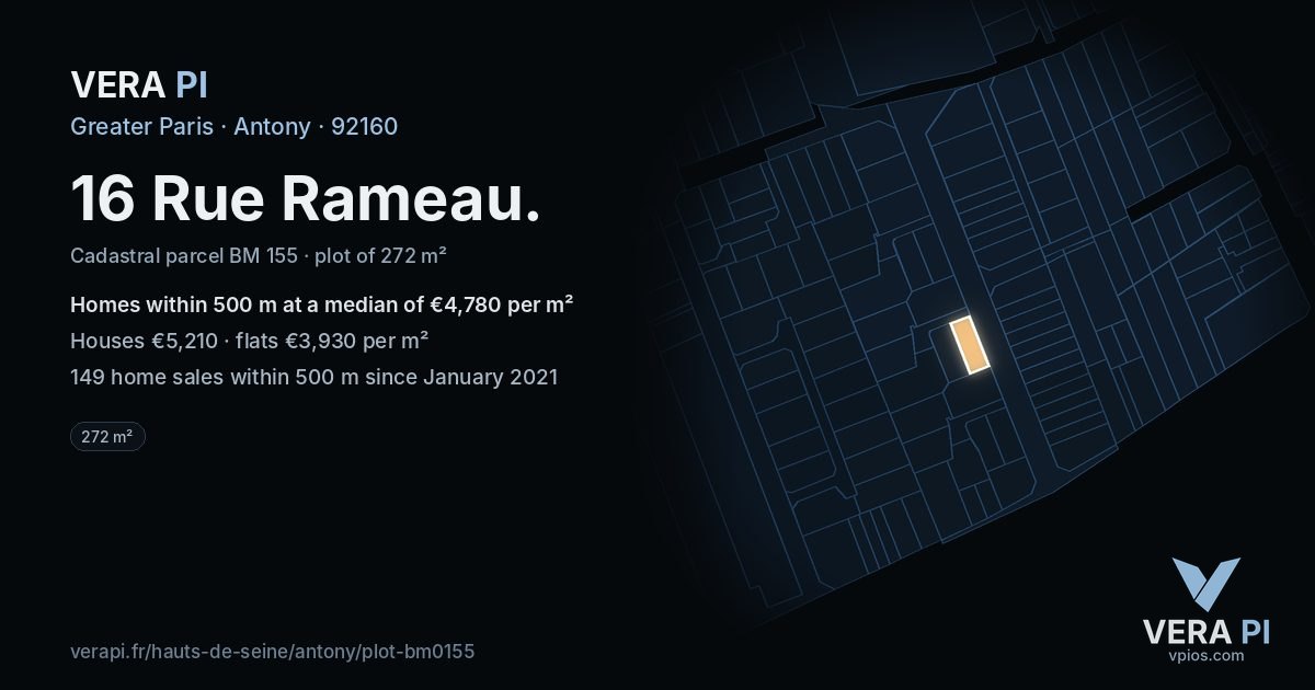 16 Rue Rameau, Antony at night – the plot lit, the parcels around coloured by the prices near them