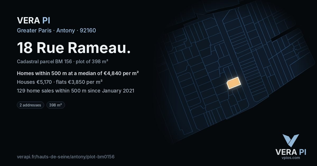 18 Rue Rameau, Antony at night – the plot lit, the parcels around coloured by the prices near them