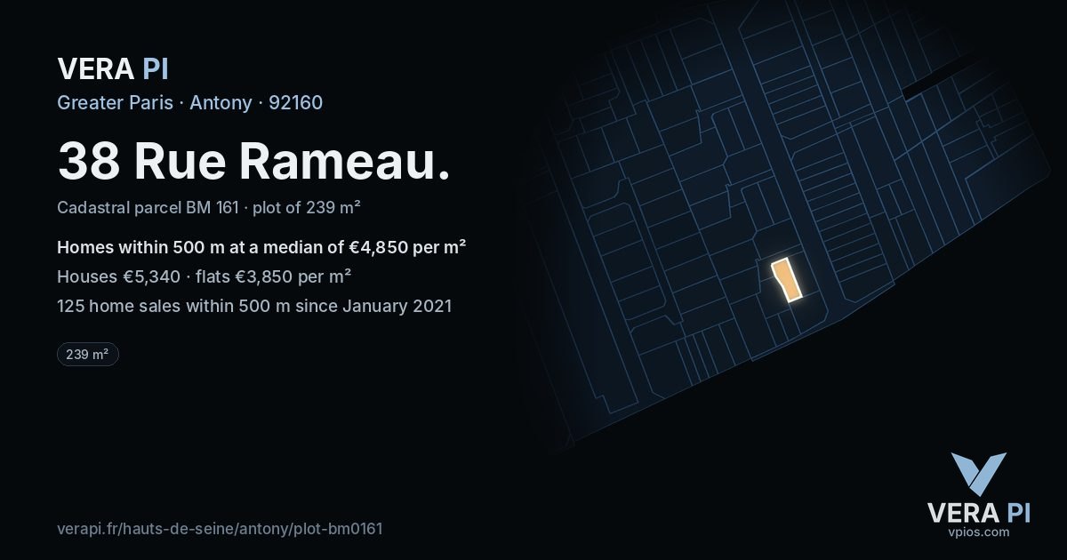 38 Rue Rameau, Antony at night – the plot lit, the parcels around coloured by the prices near them
