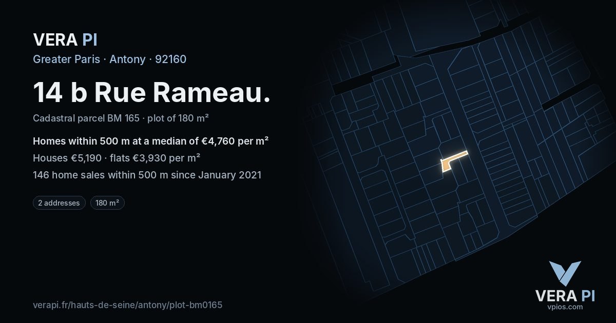 14 b Rue Rameau, Antony at night – the plot lit, the parcels around coloured by the prices near them