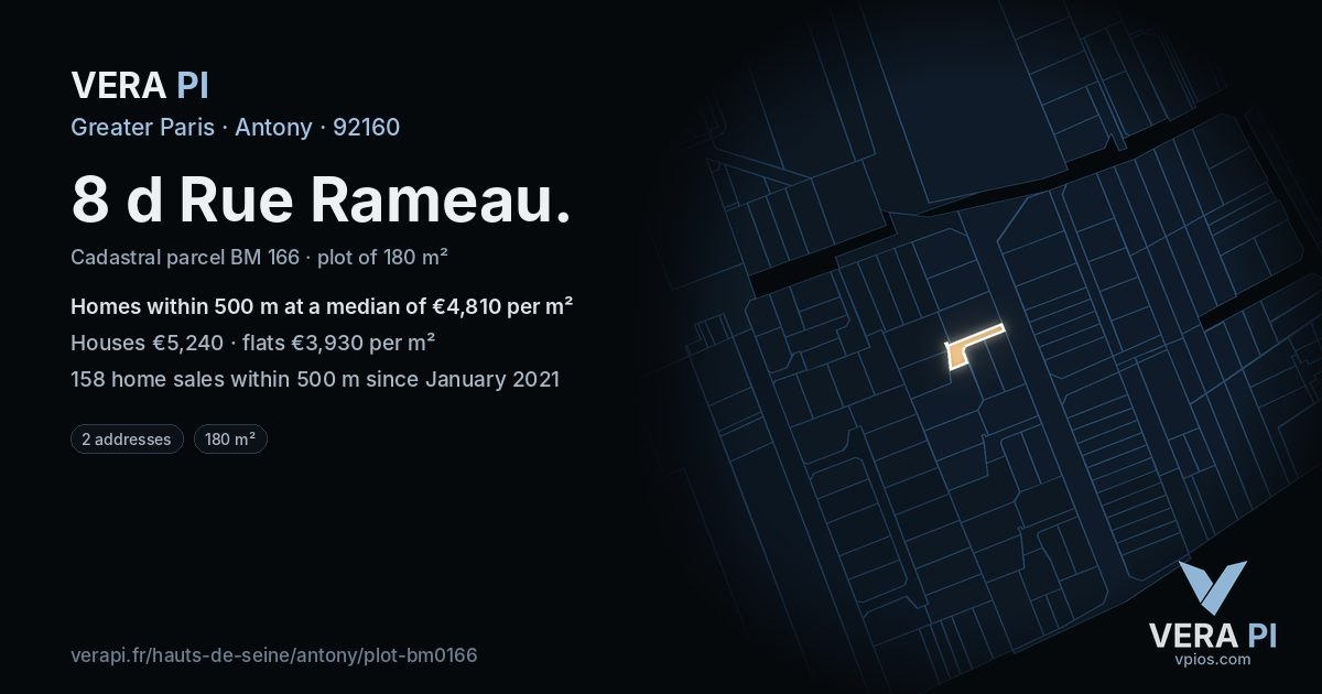 8 d Rue Rameau, Antony at night – the plot lit, the parcels around coloured by the prices near them