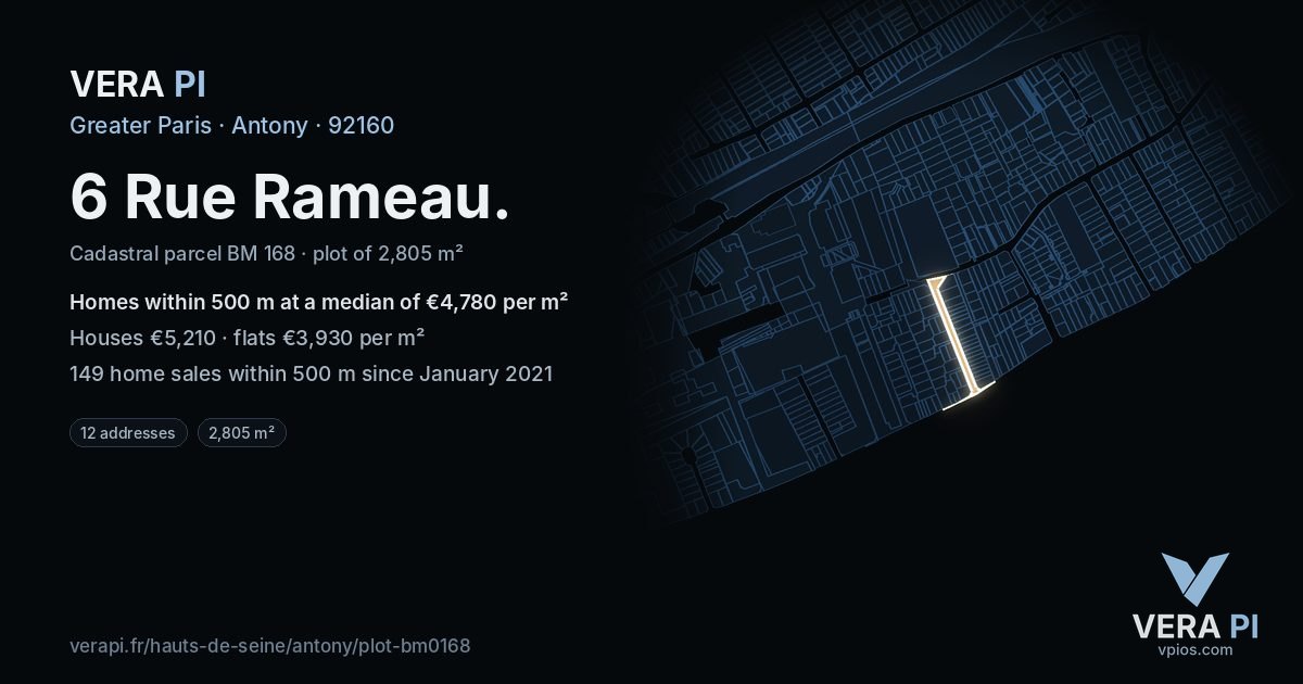 6 Rue Rameau, Antony at night – the plot lit, the parcels around coloured by the prices near them