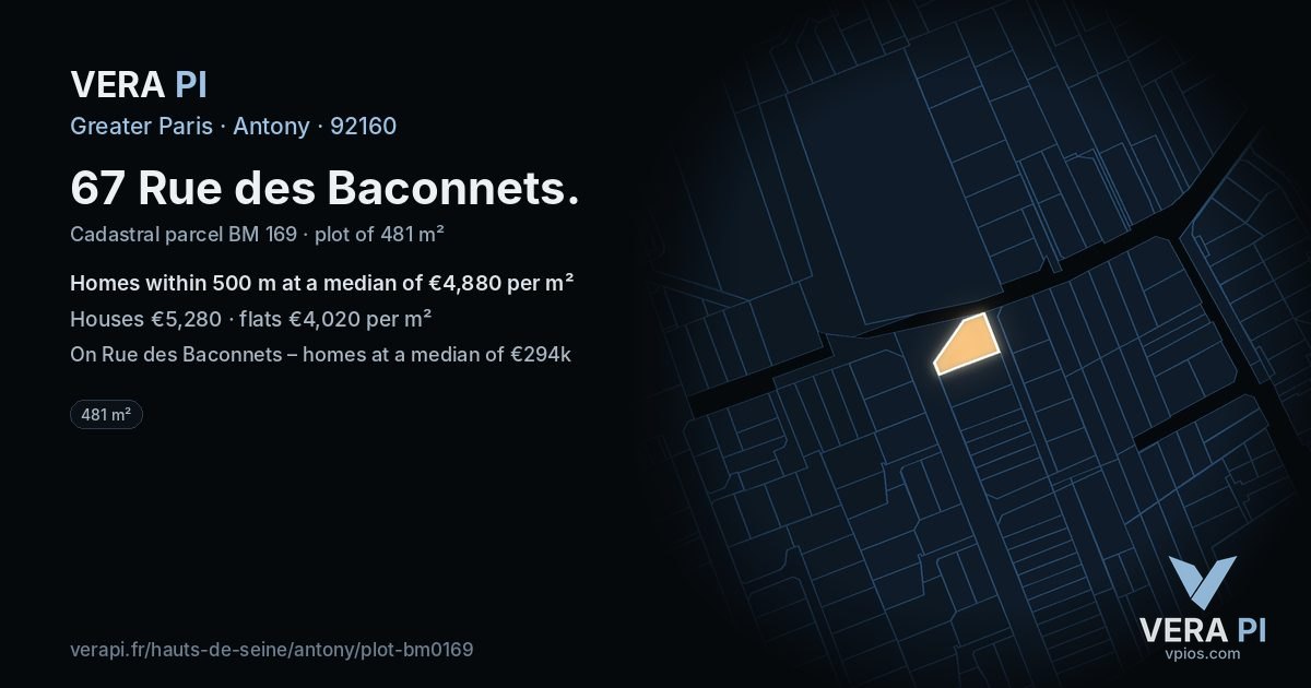 67 Rue des Baconnets, Antony at night – the plot lit, the parcels around coloured by the prices near them