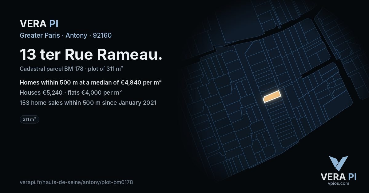 13 ter Rue Rameau, Antony at night – the plot lit, the parcels around coloured by the prices near them