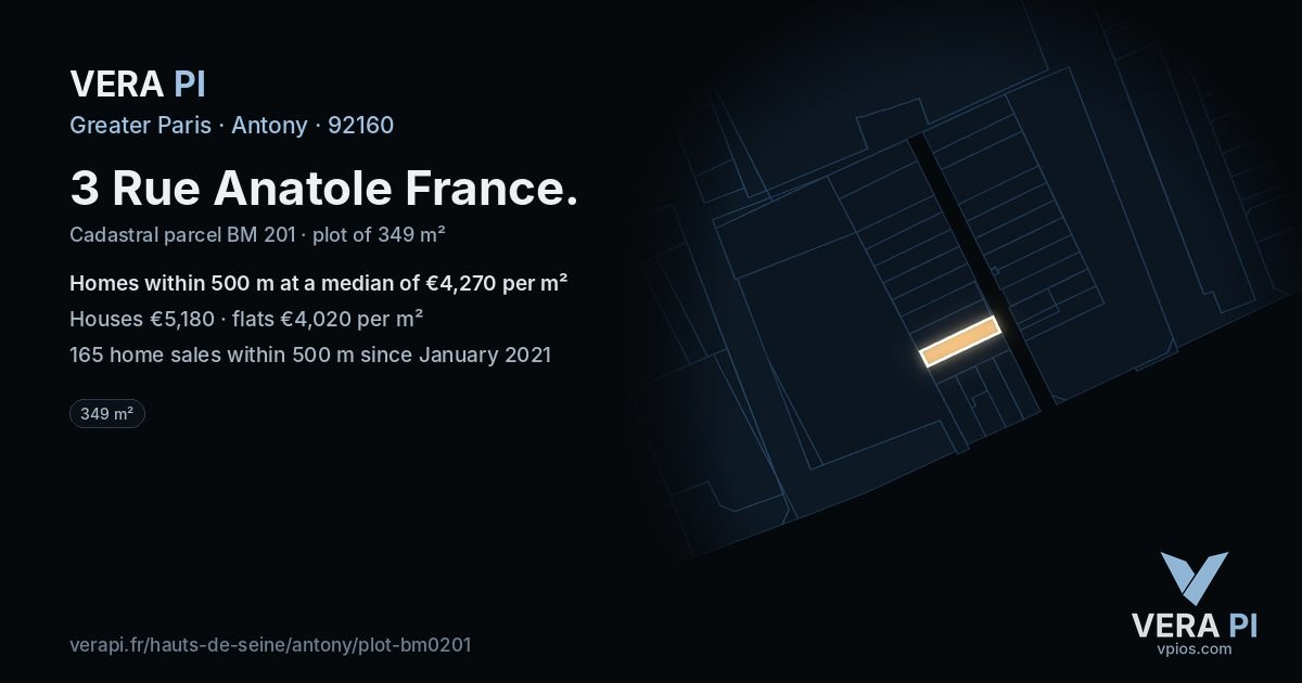 3 Rue Anatole France, Antony at night – the plot lit, the parcels around coloured by the prices near them