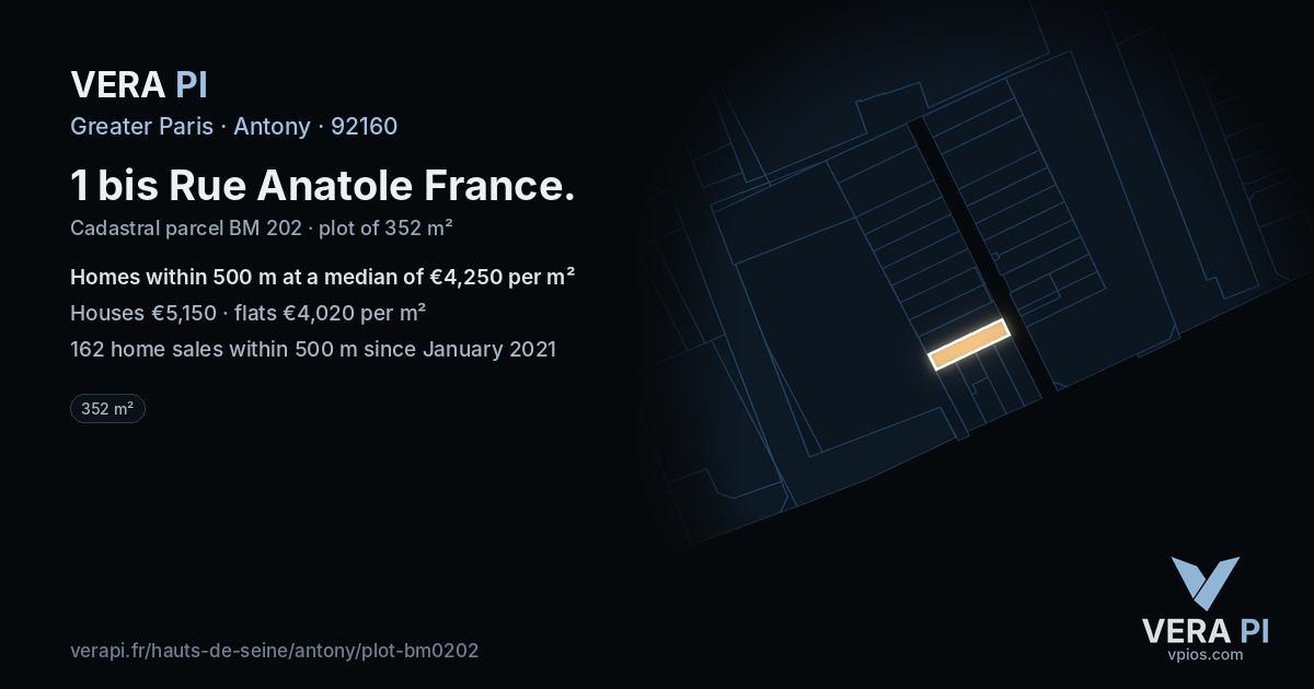 1 bis Rue Anatole France, Antony at night – the plot lit, the parcels around coloured by the prices near them