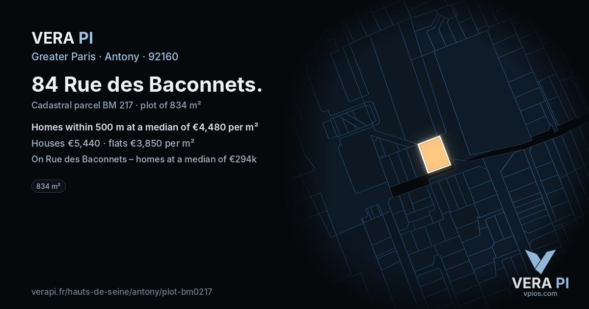 84 Rue des Baconnets, Antony at night – the plot lit, the parcels around coloured by the prices near them