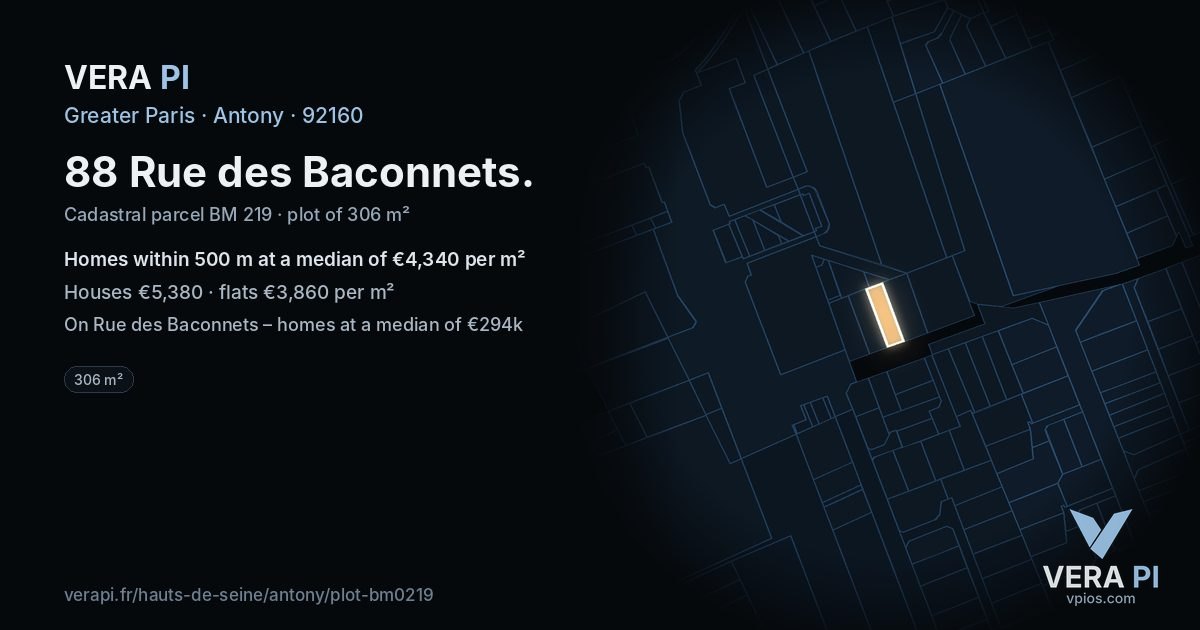 88 Rue des Baconnets, Antony at night – the plot lit, the parcels around coloured by the prices near them