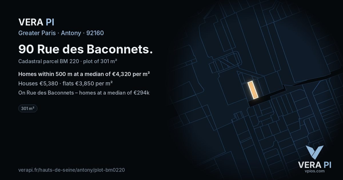 90 Rue des Baconnets, Antony at night – the plot lit, the parcels around coloured by the prices near them