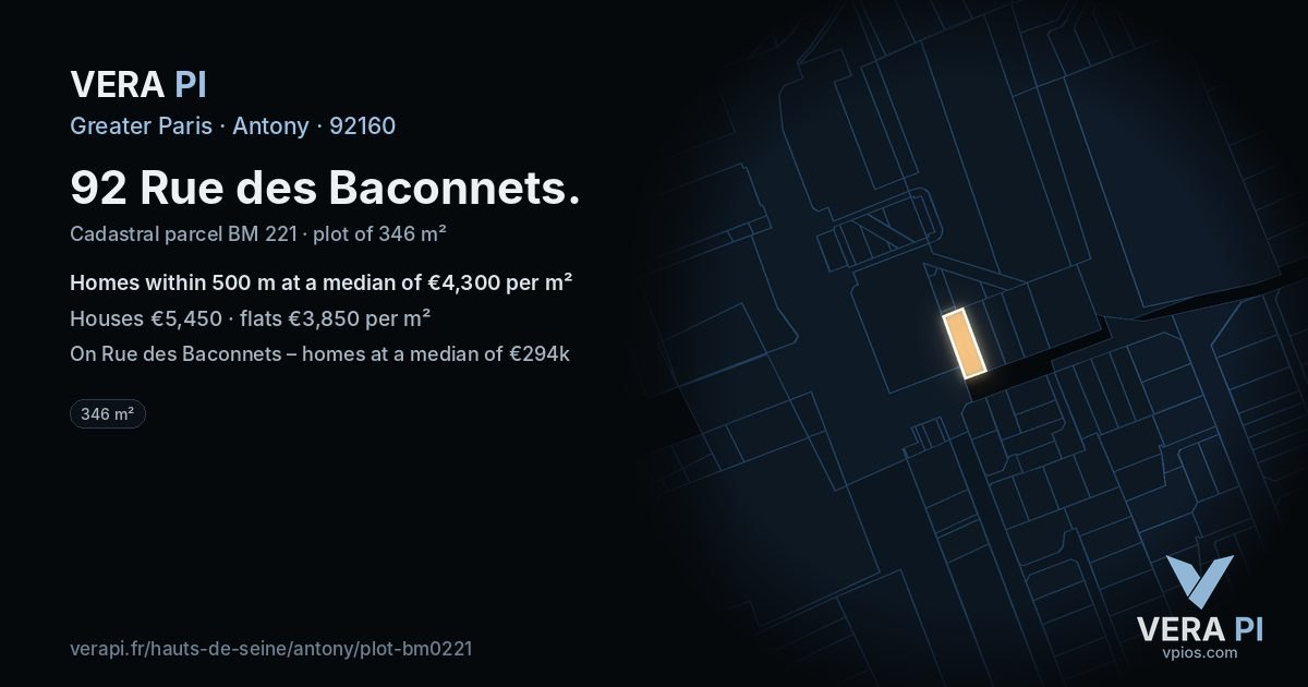 92 Rue des Baconnets, Antony at night – the plot lit, the parcels around coloured by the prices near them
