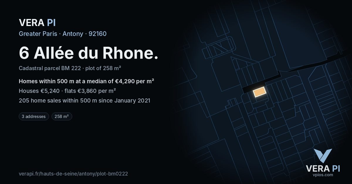 6 Allée du Rhone, Antony at night – the plot lit, the parcels around coloured by the prices near them