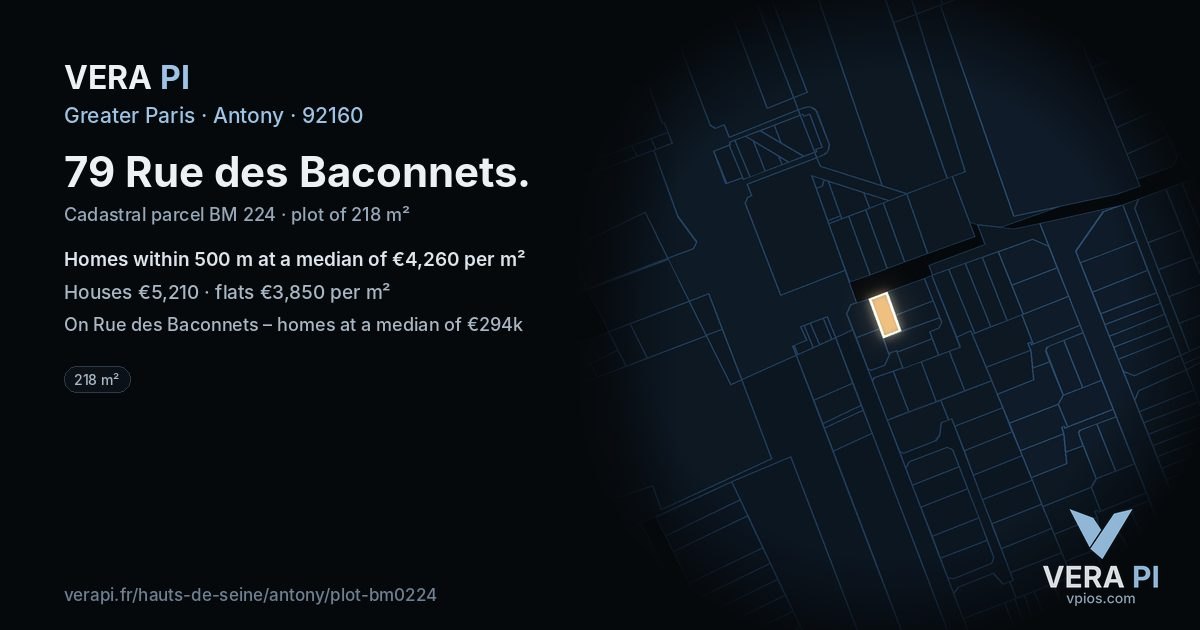 79 Rue des Baconnets, Antony at night – the plot lit, the parcels around coloured by the prices near them