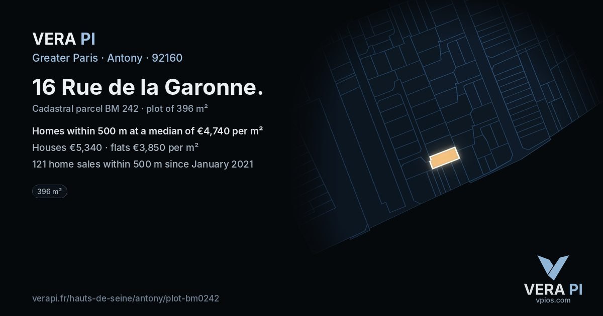 16 Rue de la Garonne, Antony at night – the plot lit, the parcels around coloured by the prices near them