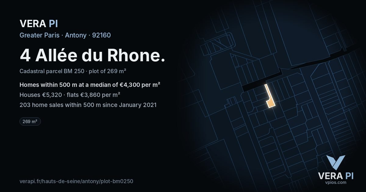 4 Allée du Rhone, Antony at night – the plot lit, the parcels around coloured by the prices near them