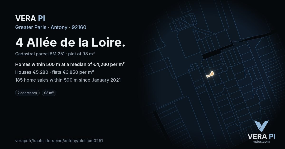 4 Allée de la Loire, Antony at night – the plot lit, the parcels around coloured by the prices near them
