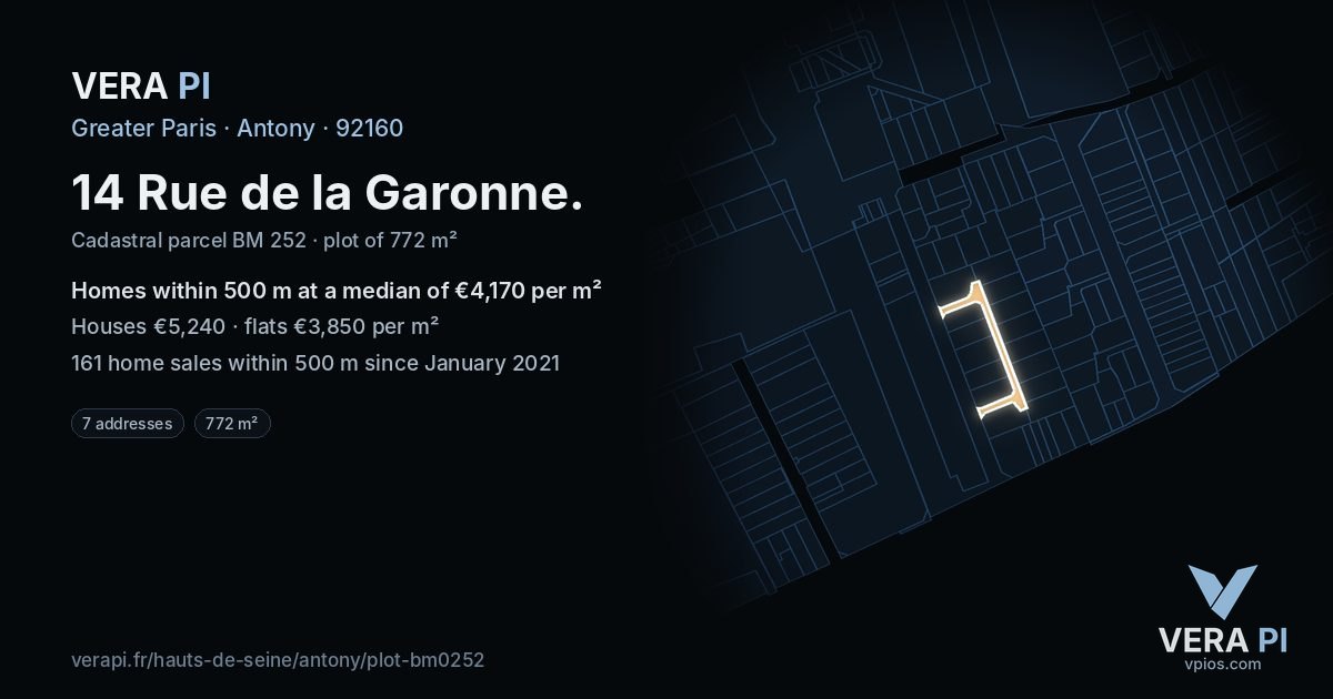 14 Rue de la Garonne, Antony at night – the plot lit, the parcels around coloured by the prices near them